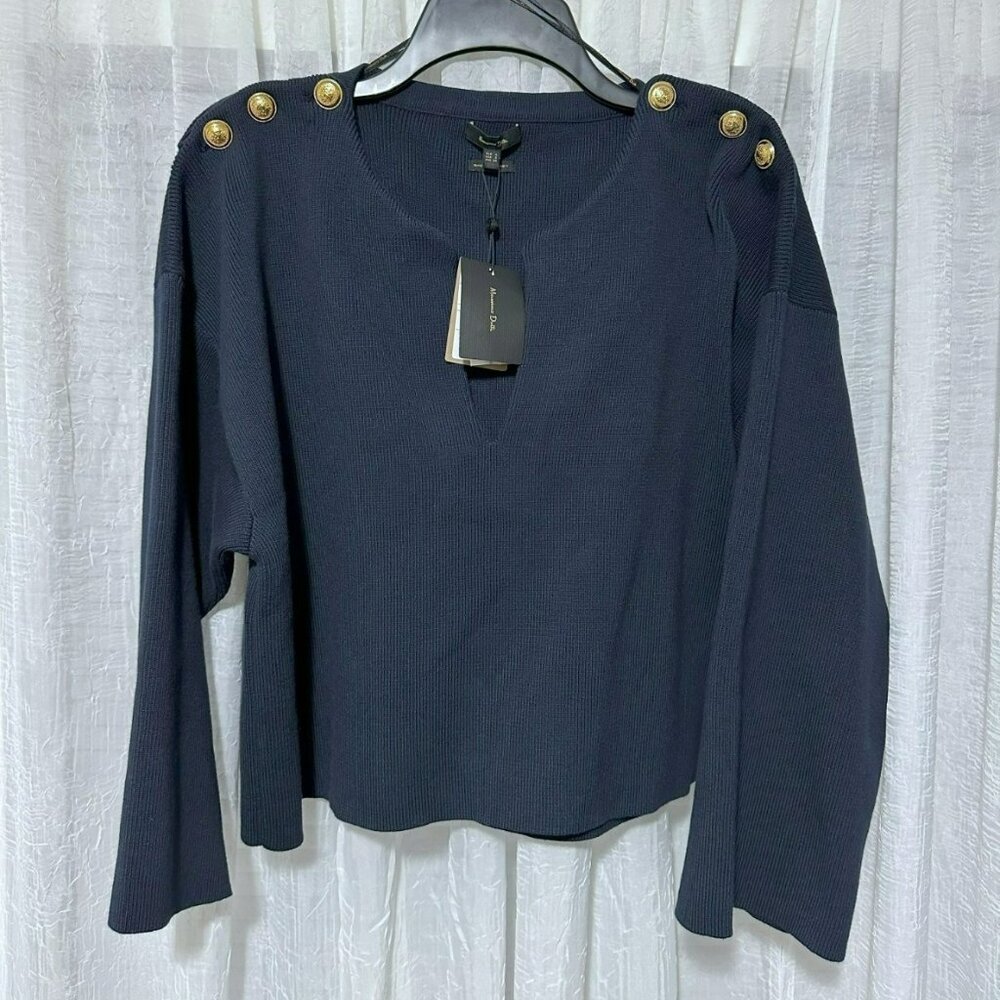 NWT Massimo Dutti Navy V Neck Sweater With Bell Sleeves Gold Buttons Size Small